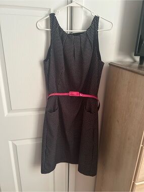 Chaps Black Polka Dot Sleeveless Dress with Pink Belt